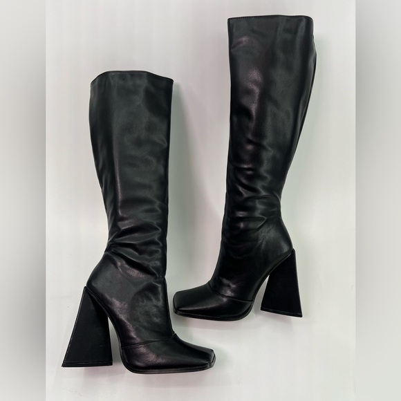 Black Knee High Faux Leather Boots Square Toe Chunky Triangular Heel 7.5 - Picture 7 of 13